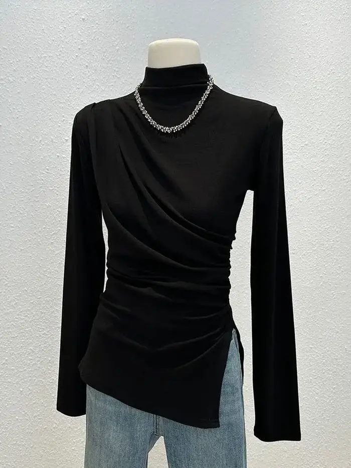 T-shirt à manches longues et col mi-haut pour femme, chemise intérieure élégante et Slim, à la mode,