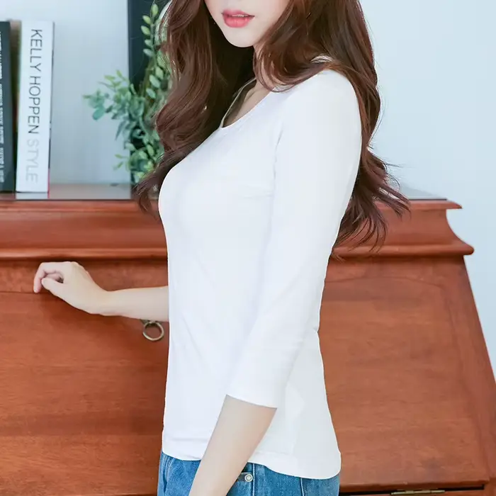 T-shirt manches 3/4 96% coton et 4% élasthanne qualité femmes printemps haut d'été coupe ajustée blanc noir col rond t-shirts chemises de Base décontractées