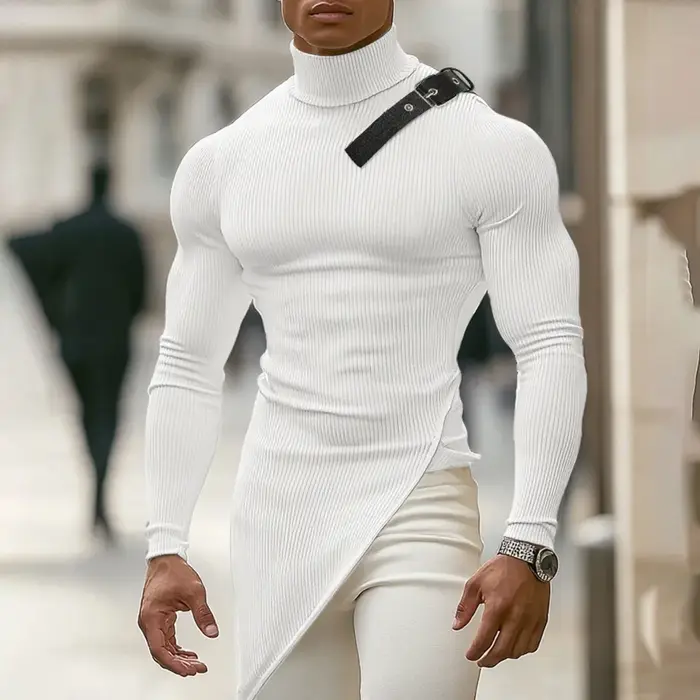 Mode solide fosse rayure T-shirt hommes col montant à manches longues conception irrégulière pull coupe ajustée élastique sport t-shirts Streetwear