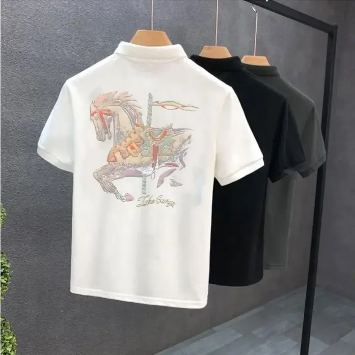 Hommes avec col T-shirt imprimé blanc col rond noir haute qualité luxe décontracté pas cher hauts Kpop vêtements en gros