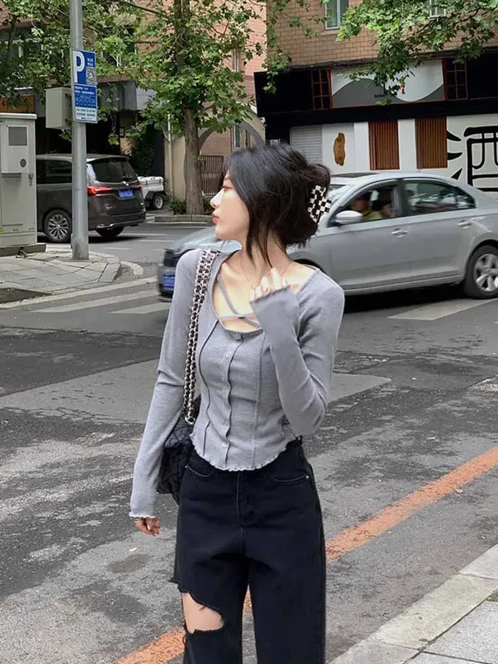 T-shirt à manches longues pour femmes, style coréen Harajuku, slim, sexy, résistant, pour documents,
