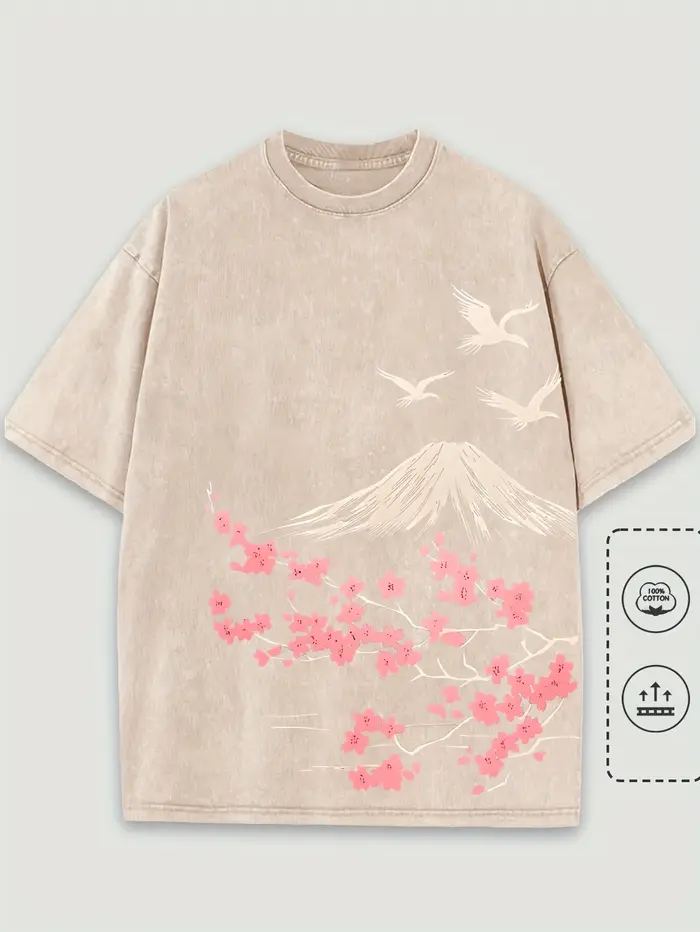 T-Shirt col rond unisexe, Vintage, Hip Hop, décontracté, 100% coton, lavé, Floral, montagne, imprimé