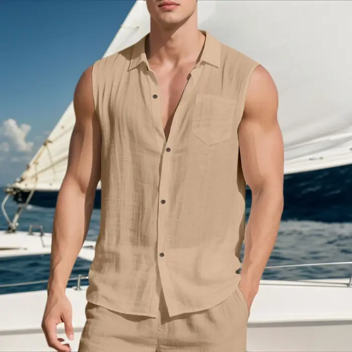 Chemise de plage décontractée sans manches en lin à col pour homme