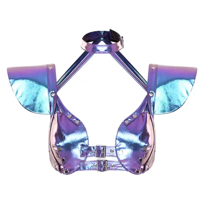 Haut court pour femme, style Alien Astronaut, armure gothique, métallique brillant, manches volantes