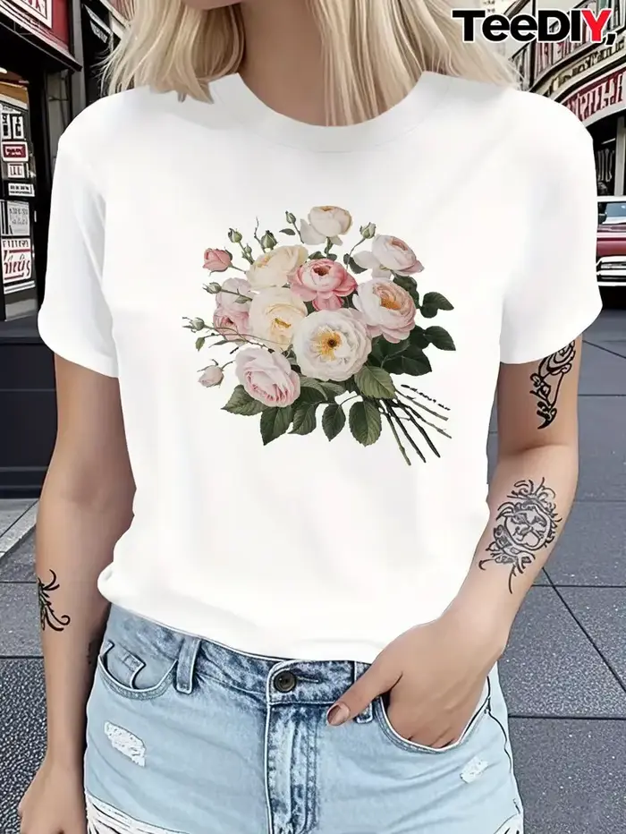 Coton 100% un nouveau T-shirt à manches courtes le plus vendu pour les vêtements pour femmes avec des fleurs de plantes européennes et américaines imprimées esthétiques