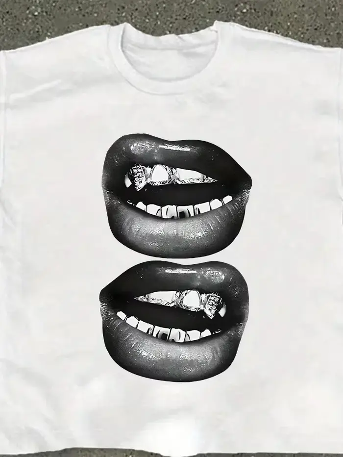 T-shirt imprimé motif lèvres, unisexe, décontracté et tendance, T-shirt oversize décontracté, voyage
