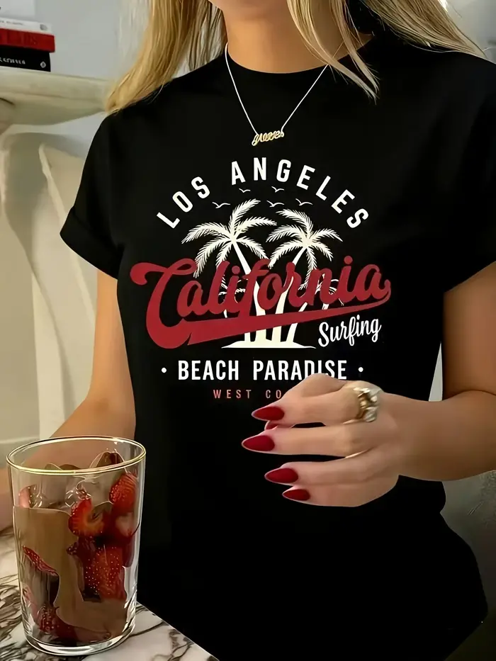 T-shirt d'été 100% coton pour hommes et femmes, imprimé plage de Los Angeles, Californie, décontracté, style surf, convient aussi aux enfants