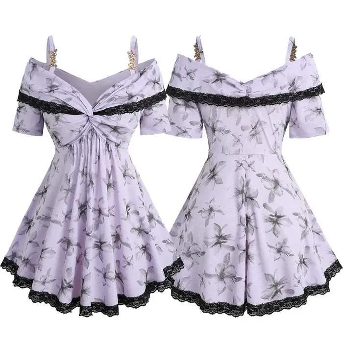 T-shirts pour femmes grandes tailles, imprimé floral violet, col torsadé convertible, détails en dentelle, hauts décontractés à épaules dénudées