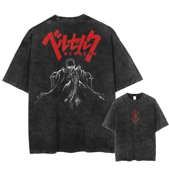 Berserk-T-shirt vintage en coton délavé pour homme et femme