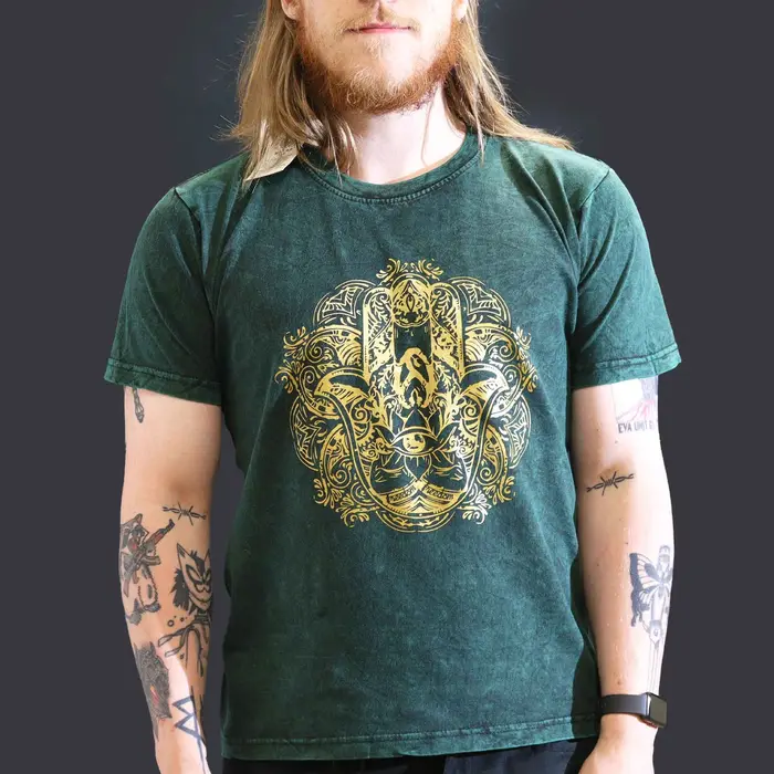 Nomad Sari Stonewashed Cotton T-Shirt – Hamsa – Green – Large