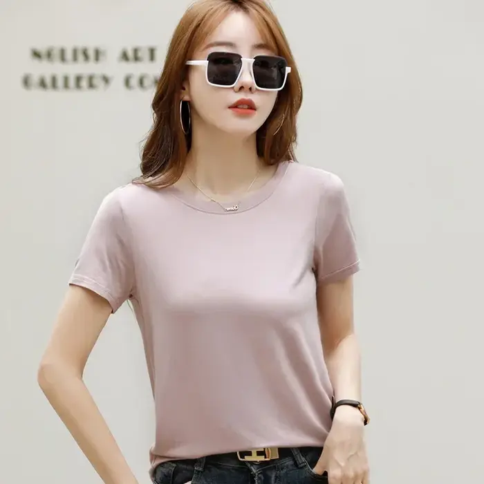 MRMT 2026 Nouveau T-shirt pour femme en coton soie glacée, couleur unie, col rond, décontracté et mi