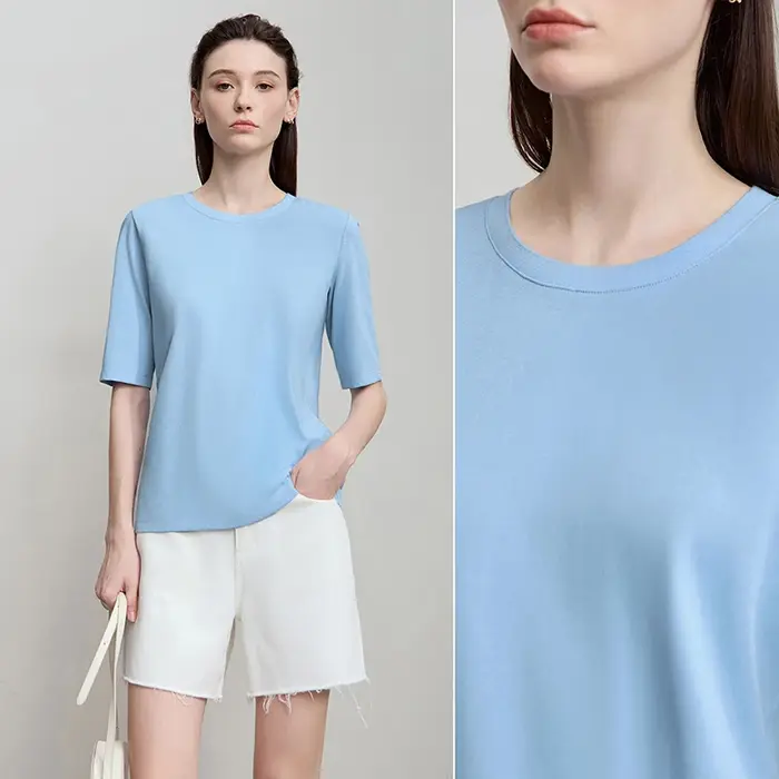 AMII minimaliste coton noir T-Shirt pour femmes 2025 bureau dame O cou plaine tricot