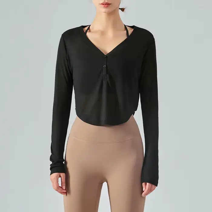 T-shirt à manches longues et col en v pour femme