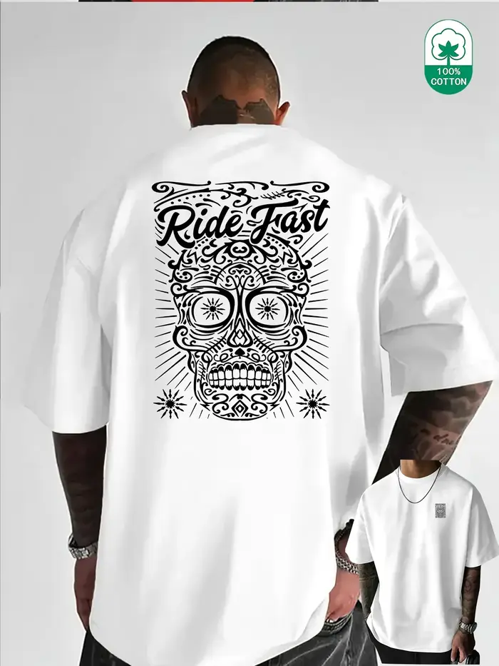 T-shirt Homme Oversize à Motif Crâne 100% Coton Grande Taille Style Urbain Rétro Tatouage Décontract