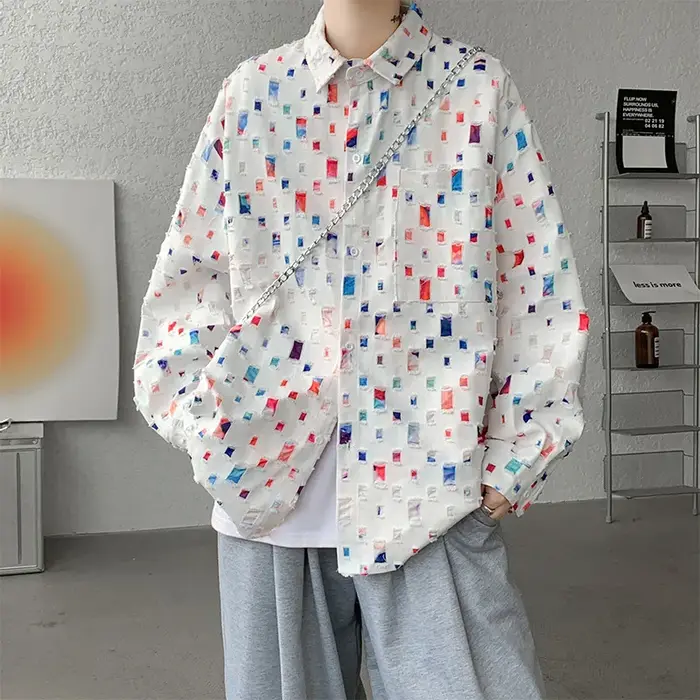 Chemises à carreaux colorés pour hommes, surdimensionnées, amples, manches longues, hauts printemps 