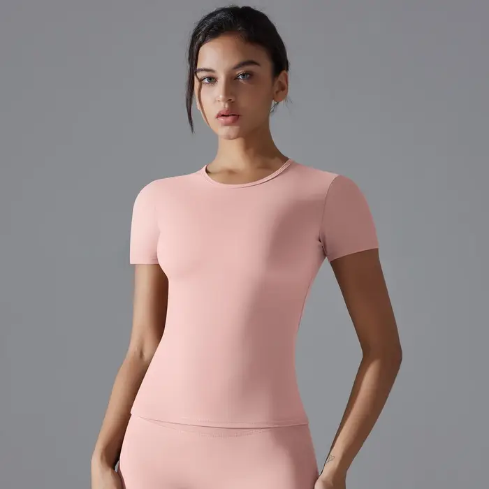 Femmes course sport t-shirt été à manches courtes col rond respirant extensible GYM Yoga mince Fitness haut actif