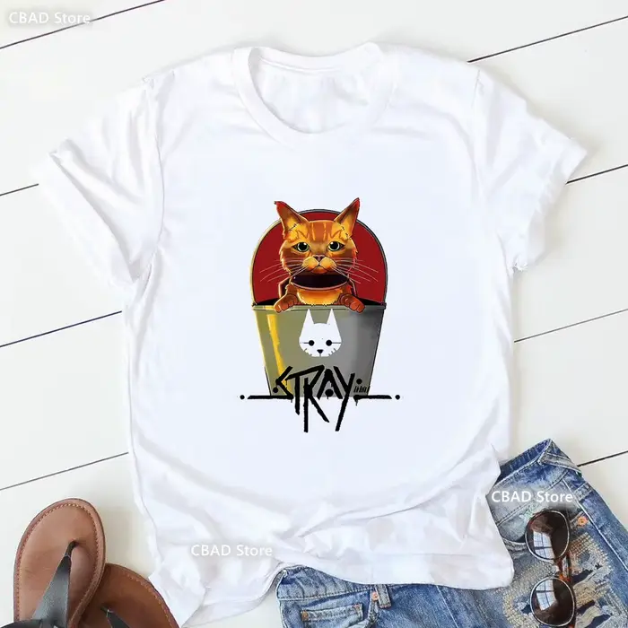 T-shirt imprimé graphique Stray Game pour femmes, vêtements pour femmes, t-shirt blanc drôle, chemis