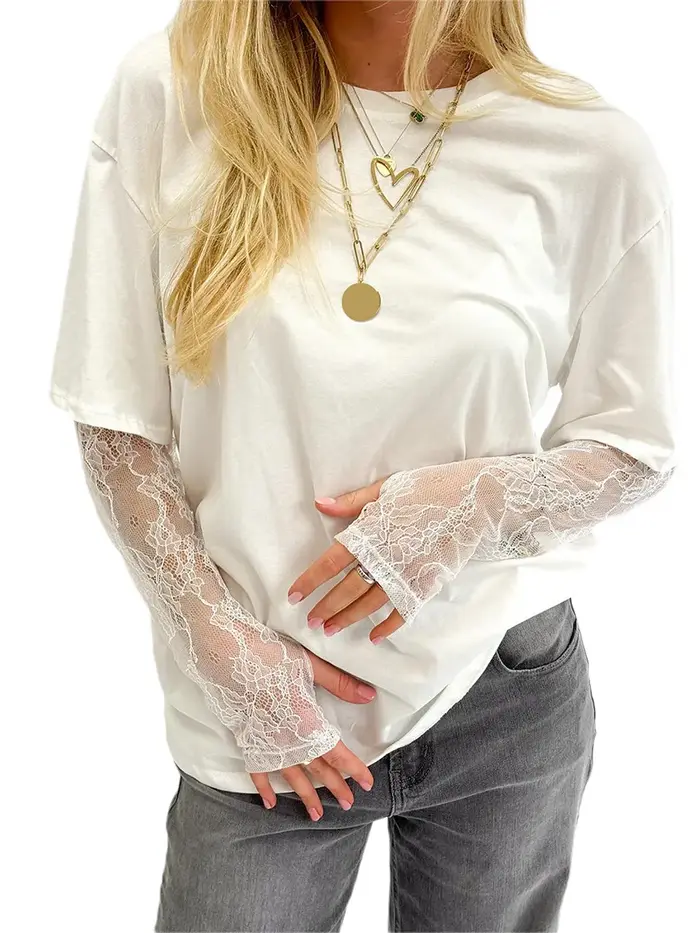 Femmes col rond T-Shirt dentelle à manches longues chemises décontractées printemps automne coupe ample hauts dames couleur unie T-Shirt pour Streetwear Y2K 00s