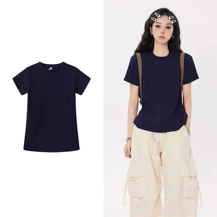 T-shirt à manches courtes pour femmes en été nouveau col rond bleu marine coupe ajustée mince à l'extérieur portant des hauts populaires à la mode