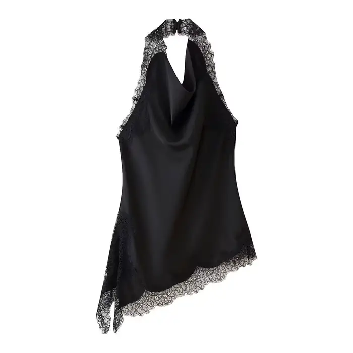 Satin dentelle noir asymétrique hauts femmes Sexy licou dos nu hauts + dentelle mi-longue jupes femm