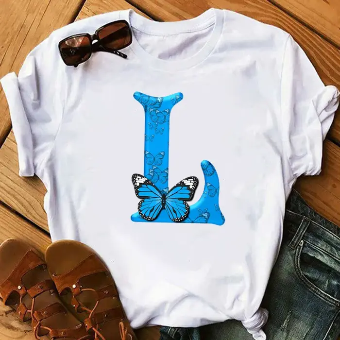 26 lettres anglaises papillon imprimé T-shirt à manches courtes femmes surdimensionné