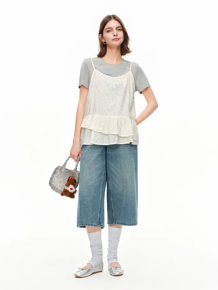 DUSHU Haut cache-cœur floral style coréen bleu clair, nouvelle collection été 2026, superposé, épaul