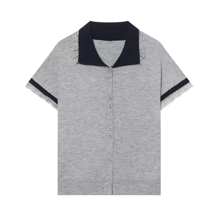 T-shirt pour femmes, nouveau haut cardigan à manches courtes avec bordure en dentelle contrastante