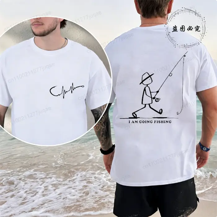T-shirt graphique de pêche pour homme noir avec imprimé pêcheur devant et derrière – T-shirt d'été pour pêcheur – Hauts personnalisés pour homme