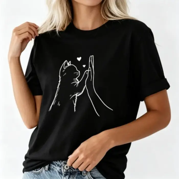 T-shirt, T-shirt graphique avec motif de chat mignon et de main en forme de cœur