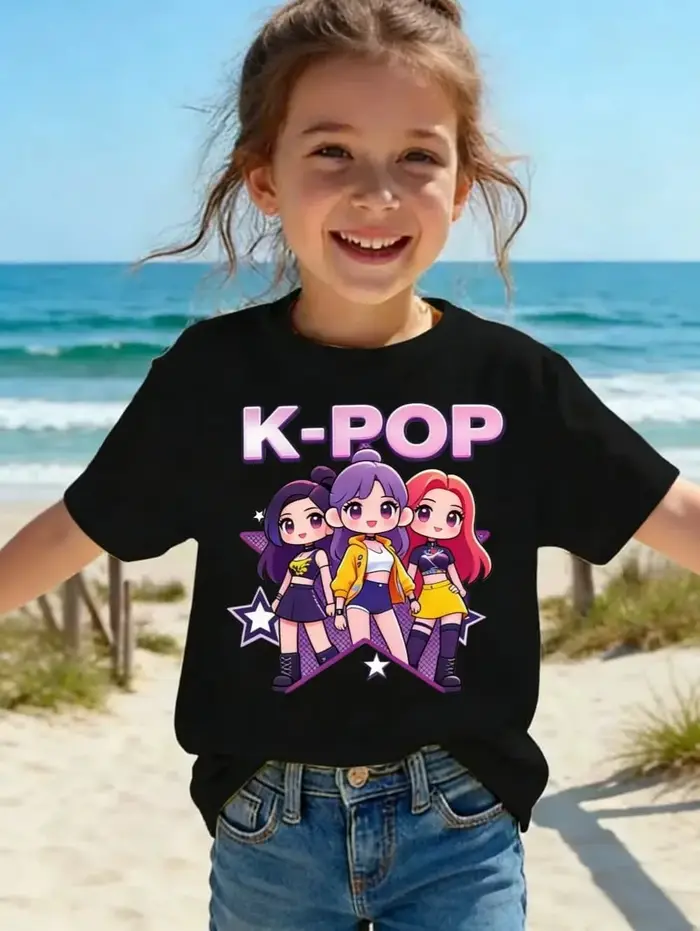 T-shirt à manches courtes pour enfants, style Harajuku, avec dessin animé Kpop, mignon, pour filles, cadeau pour les fans, vêtements décontractés et confortables pour enfants