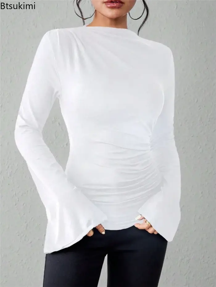 Nouveaux T-shirts plissés à manches évasées pour femmes 2026 – Col montant