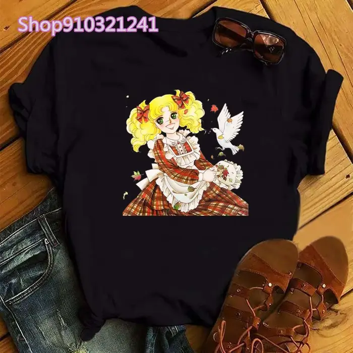 Kawaii Anime bonbons T-shirt femmes été à manches courtes mignon noir