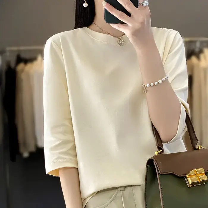 T-shirt 100 % coton à manches trois-quarts pour femme