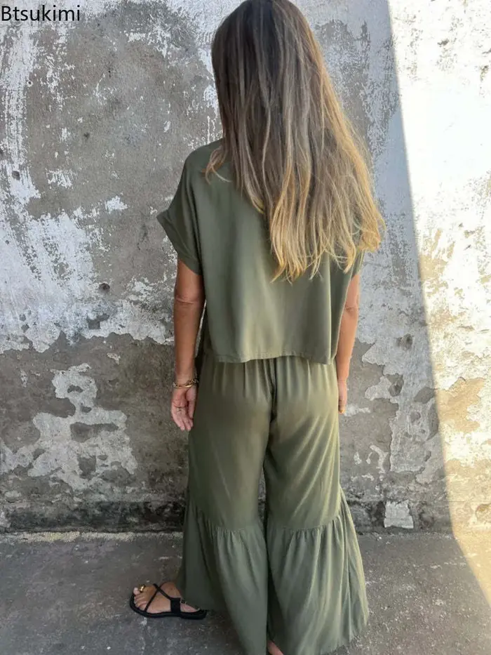 Nouveaux ensembles 2 pièces pour femmes : T-shirts amples à manches courtes et pantalons longs à volants