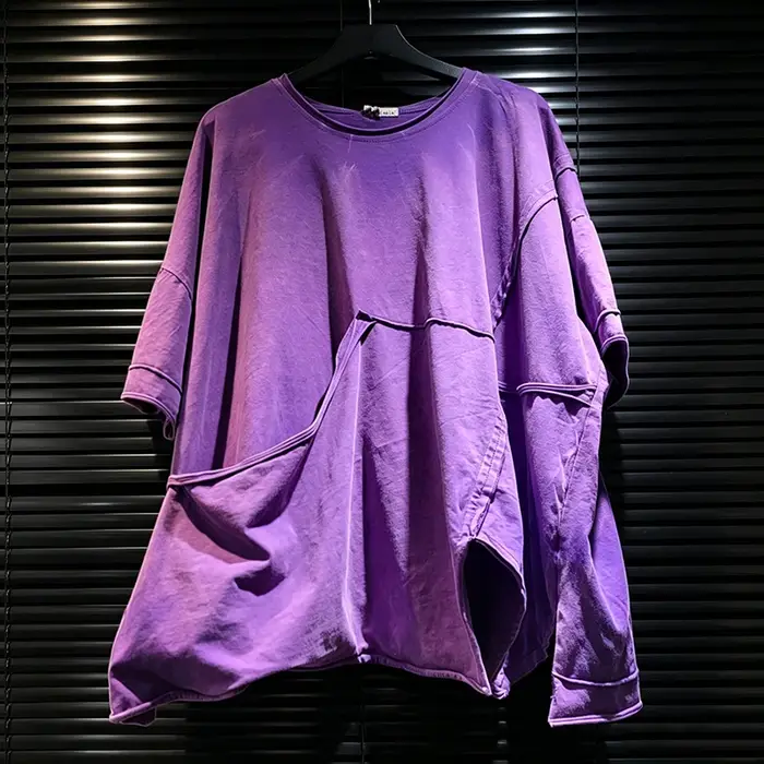 DEAT 2026 T-shirt d'été déstructuré et délavé avec patchwork, ourlet asymétrique, coupe ample à manc
