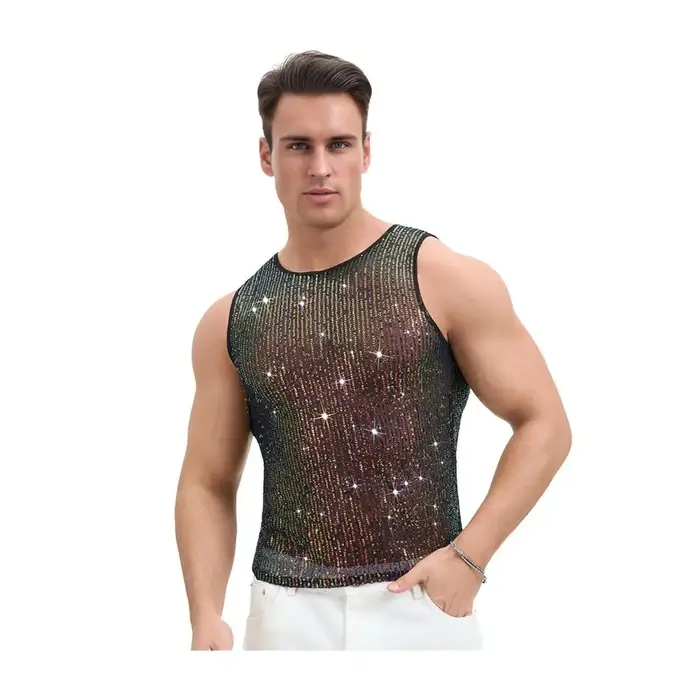 Débardeur scintillant pour homme avec strass, col rond, sans manches, transparent et sexy, idéal pou