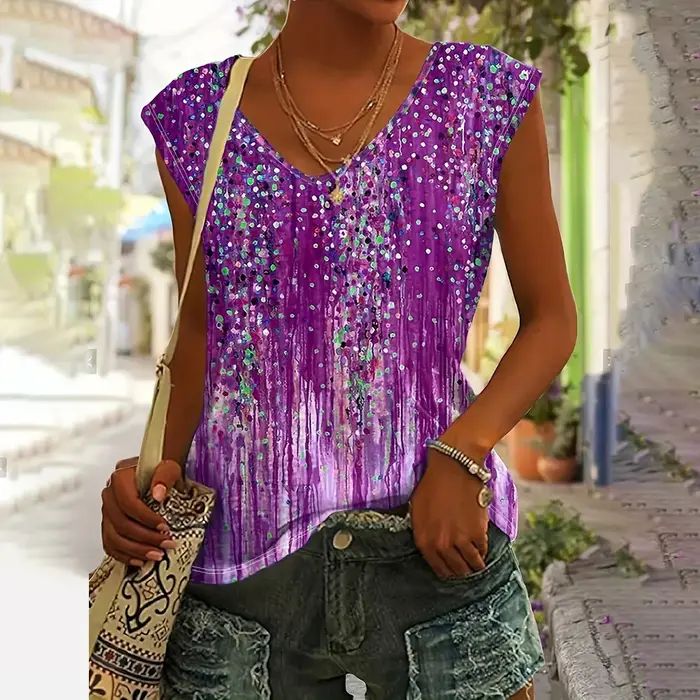 T-shirt à col en V imprimé floral 3D pour femmes