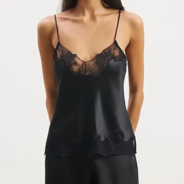 Débardeur Chic en Satin pour femmes, garniture en dentelle, col en V, soie, sans manches, bretelles 