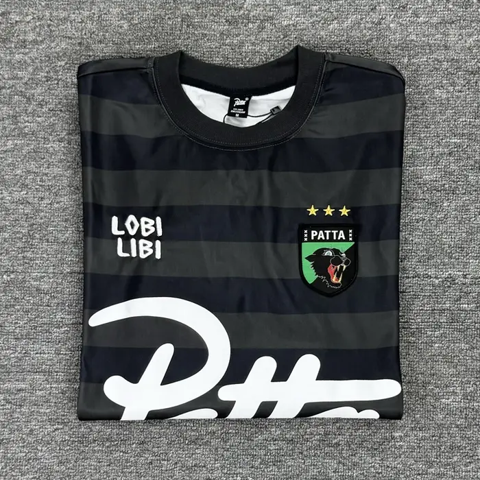 T-shirt à manches longues unisexe à col rond, motif tête de léopard brodé Patta, rayures noires et jaunes, style maillot de football ample