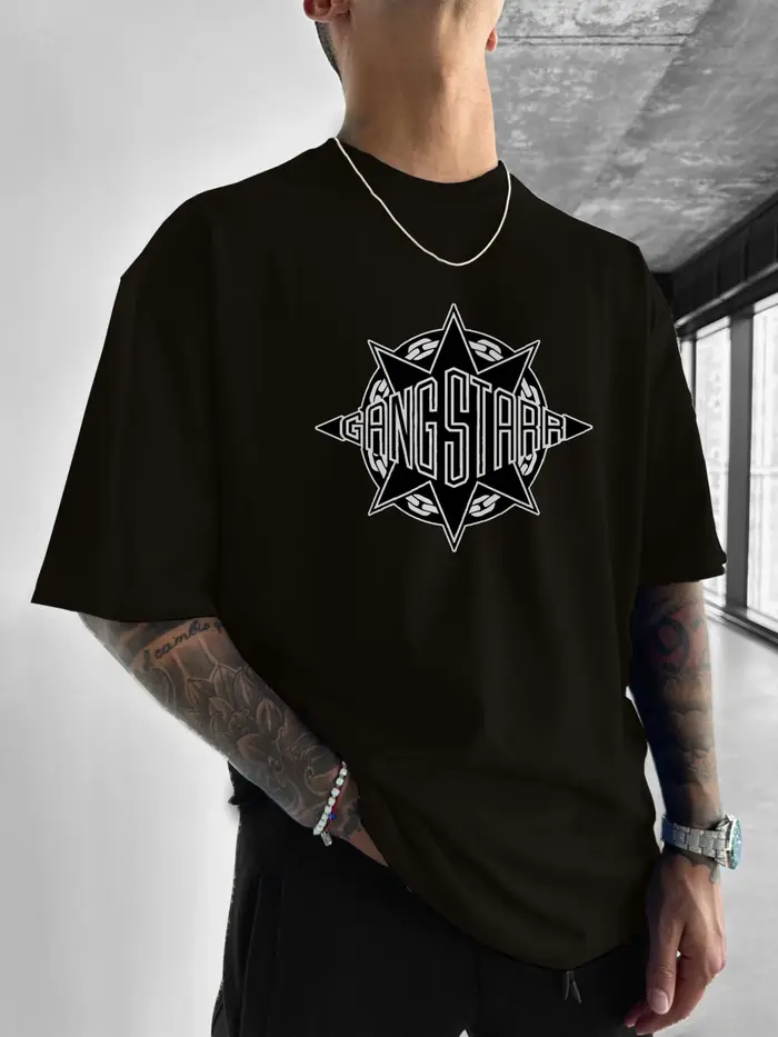 T-shirt imprimé avec logo Gang Starr, style streetwear, motif étoile {T-shirt décontracté imprimé à 