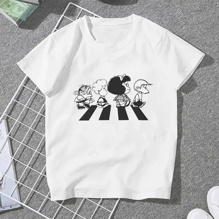 T-shirt Mafalda à col rond pour femmes et filles, t-shirts graphiques de dessin animé, polyester, ca