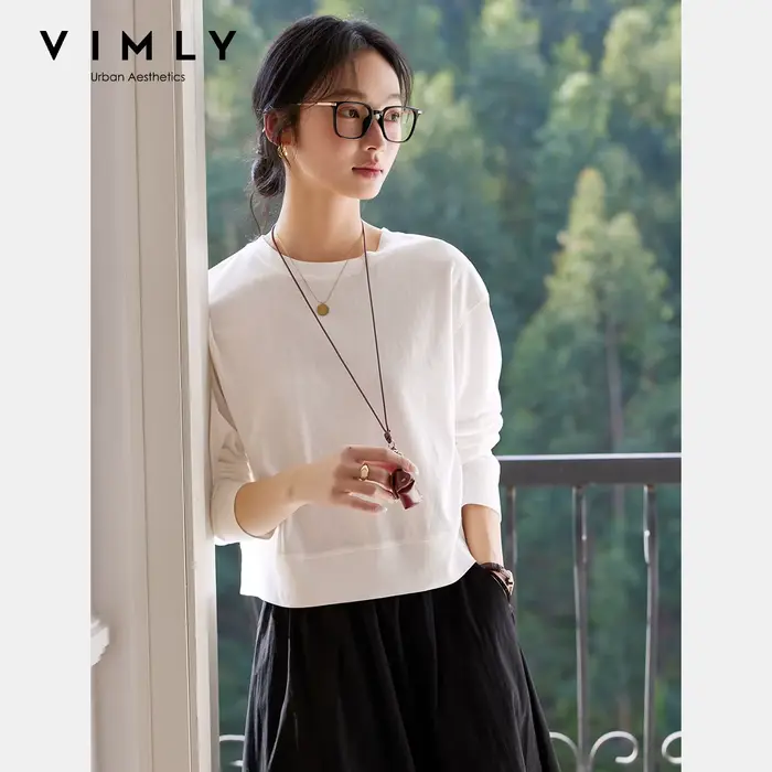 T-shirt en coton blanc pour femme VIMLY, collection Printemps 2026, col rond, manches longues, coupe