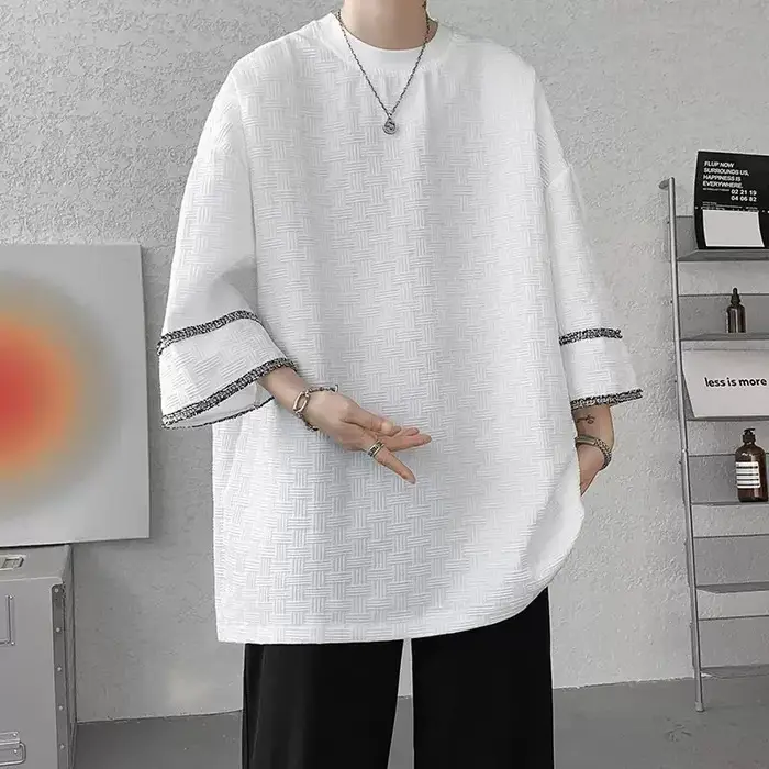 Vêtements pour hommes demi manches pulls élégant ligne lumineuse décoration été décontracté col rond tout-match couleur unie T-shirts amples