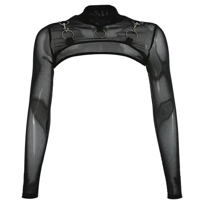 Col roulé à manches longues en maille transparente pour femmes, micro t-shirt court, hip hop, gothiq