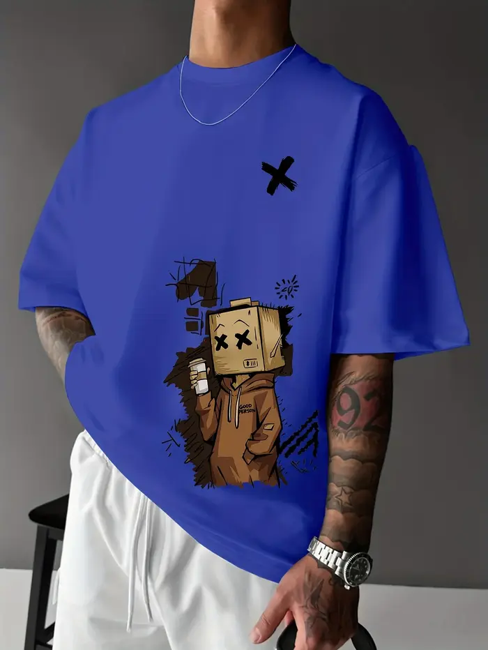 T-shirt col rond pour hommes, mode européenne et américaine, imprimé Graffiti de dessin animé, confo
