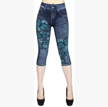 Femmes imprimer Imitation Denim Leggings maigre extensible pantacourt en plein air Jogging marche mode taille haute Legg