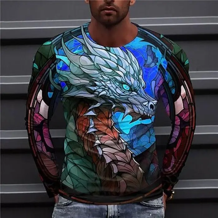 T-shirt Dragon coloré à manches longues et col rond pour hommes