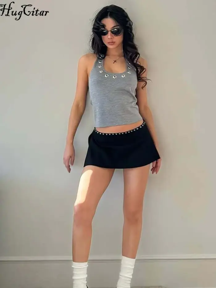 Hugcitar mode licou trous solides dos nu Sexy mince débardeur court été femmes décontracté Y2K vêtements Streetwear fête Festival