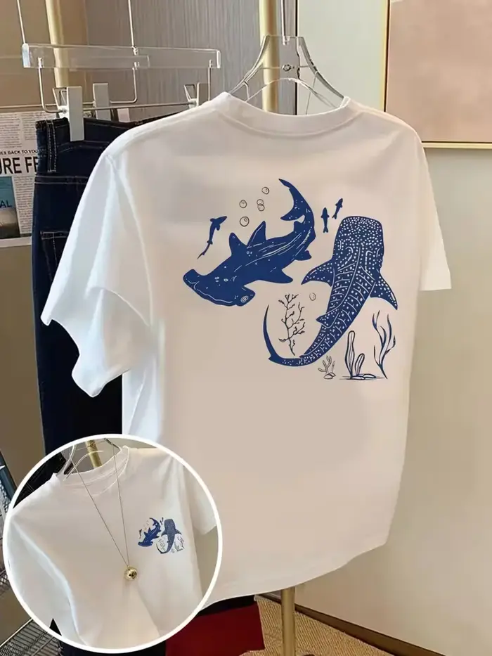 T-shirt à motif requin baleine et corail, haut à manches courtes à col rond imprimé vie marine, tee-
