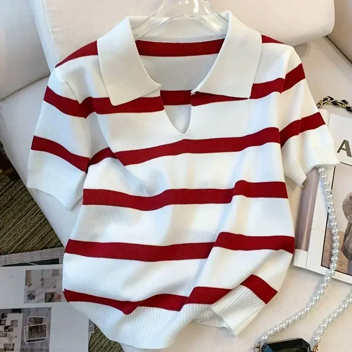 Nouveau pull à col rayé 2026 – Haut court tricoté polyvalent à manches courtes pour femme